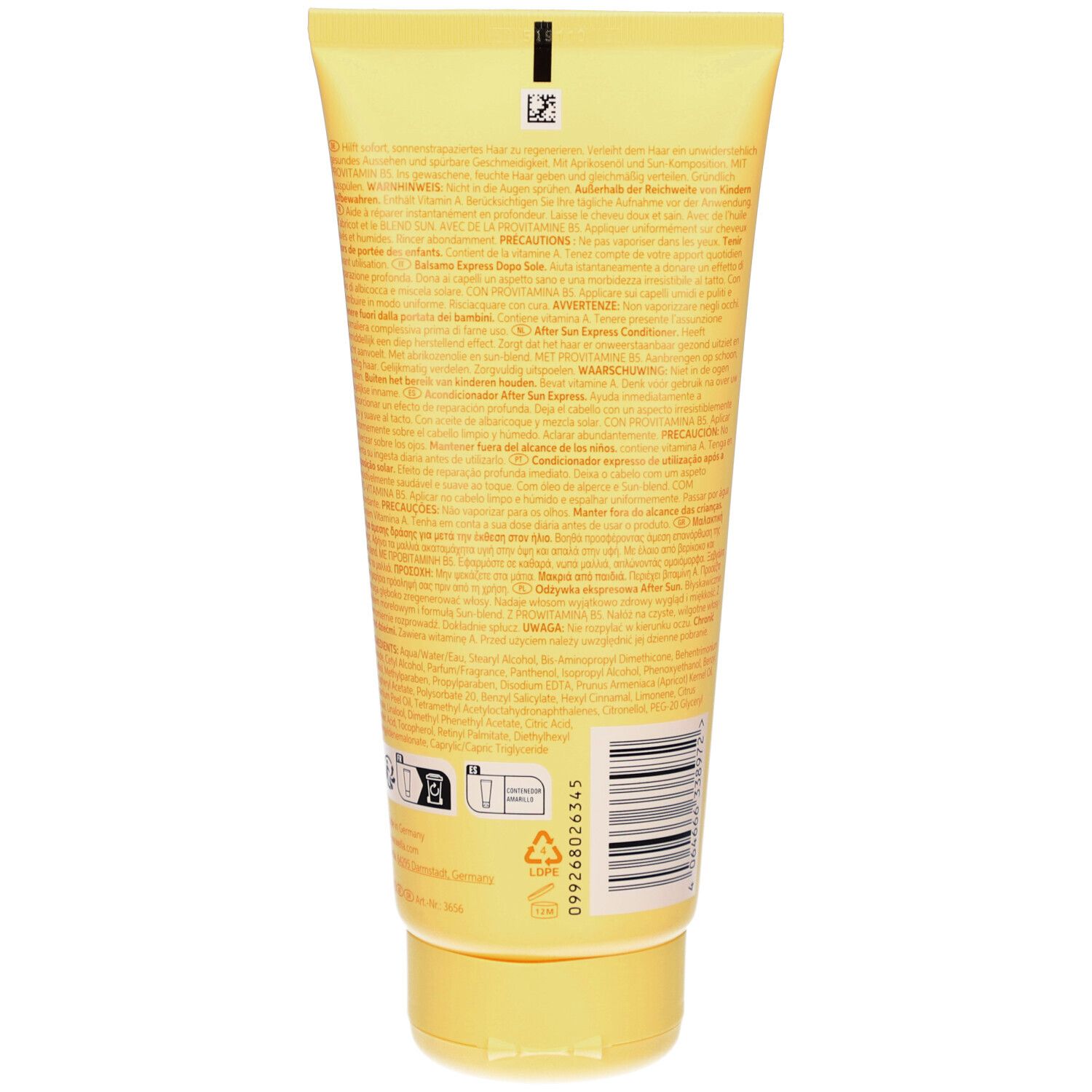 Dos du tube jaune Wella Professionals Invigo Sun Care. Texte et code-barres.