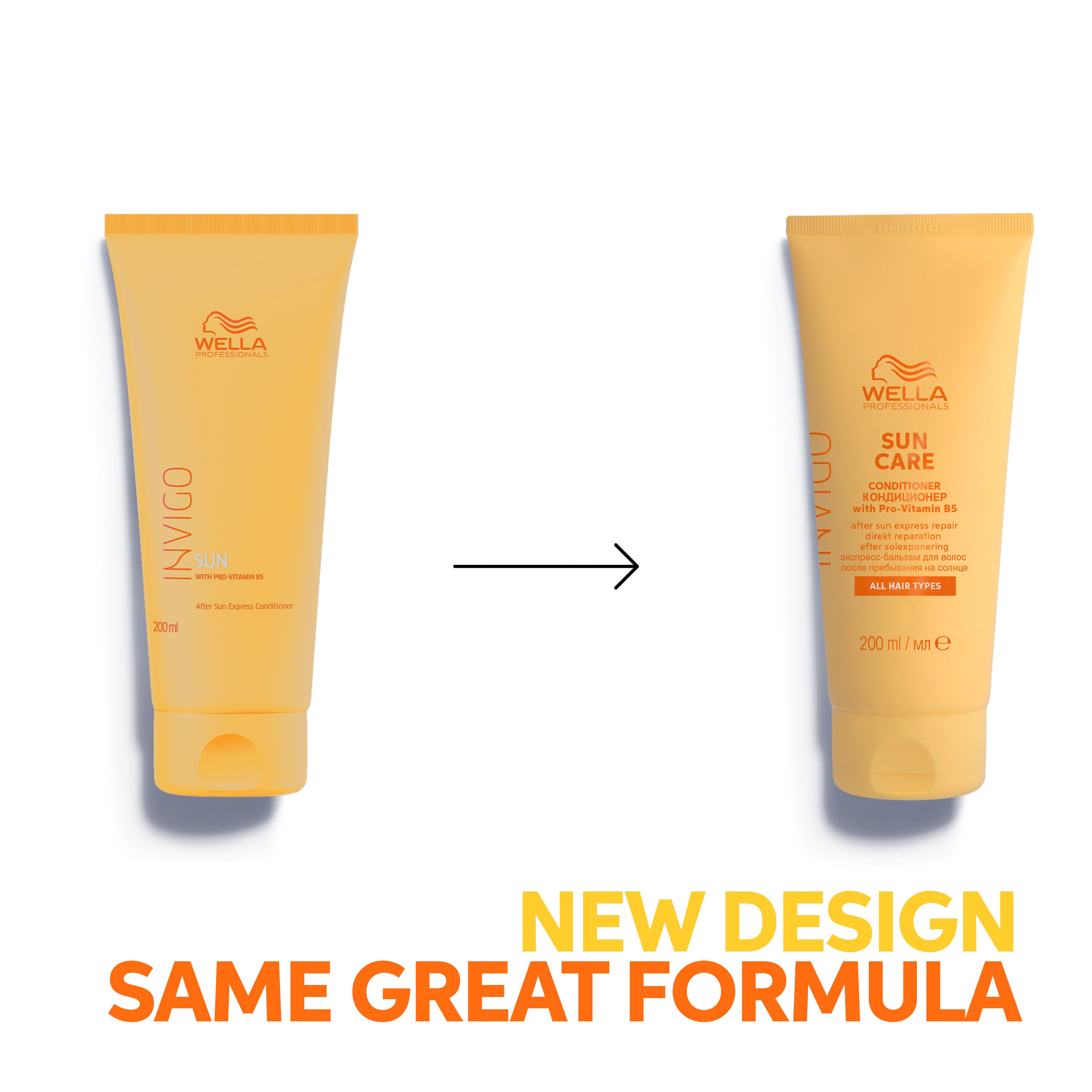 Comparaison: Wella Invigo Sun Care Conditioner, ancien et nouveau design. Texte: Nouveau design, même formule.