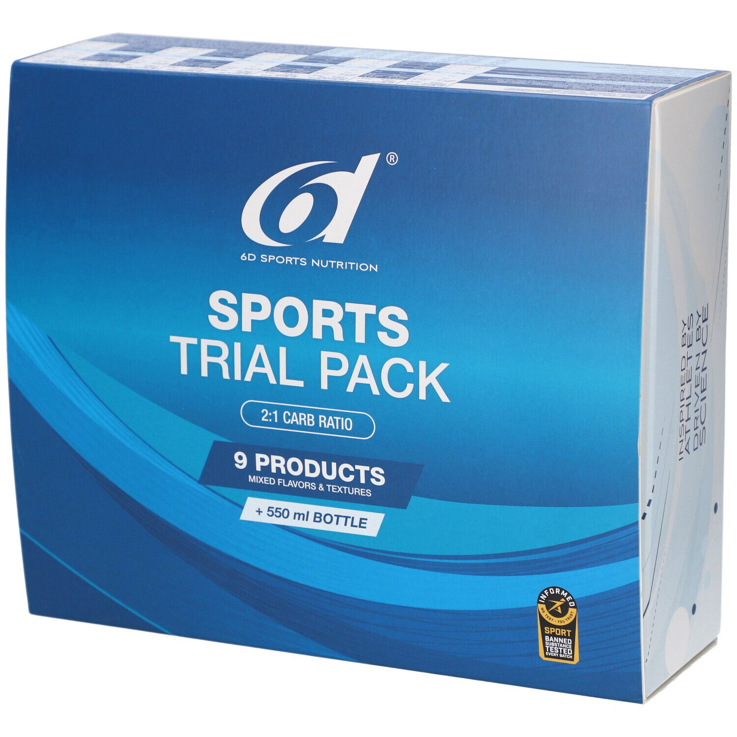 Boîte bleue et blanche du 6d Sports Trial Pack. Contient 9 produits et une bouteille de 550 ml. Logo et certification visibles.