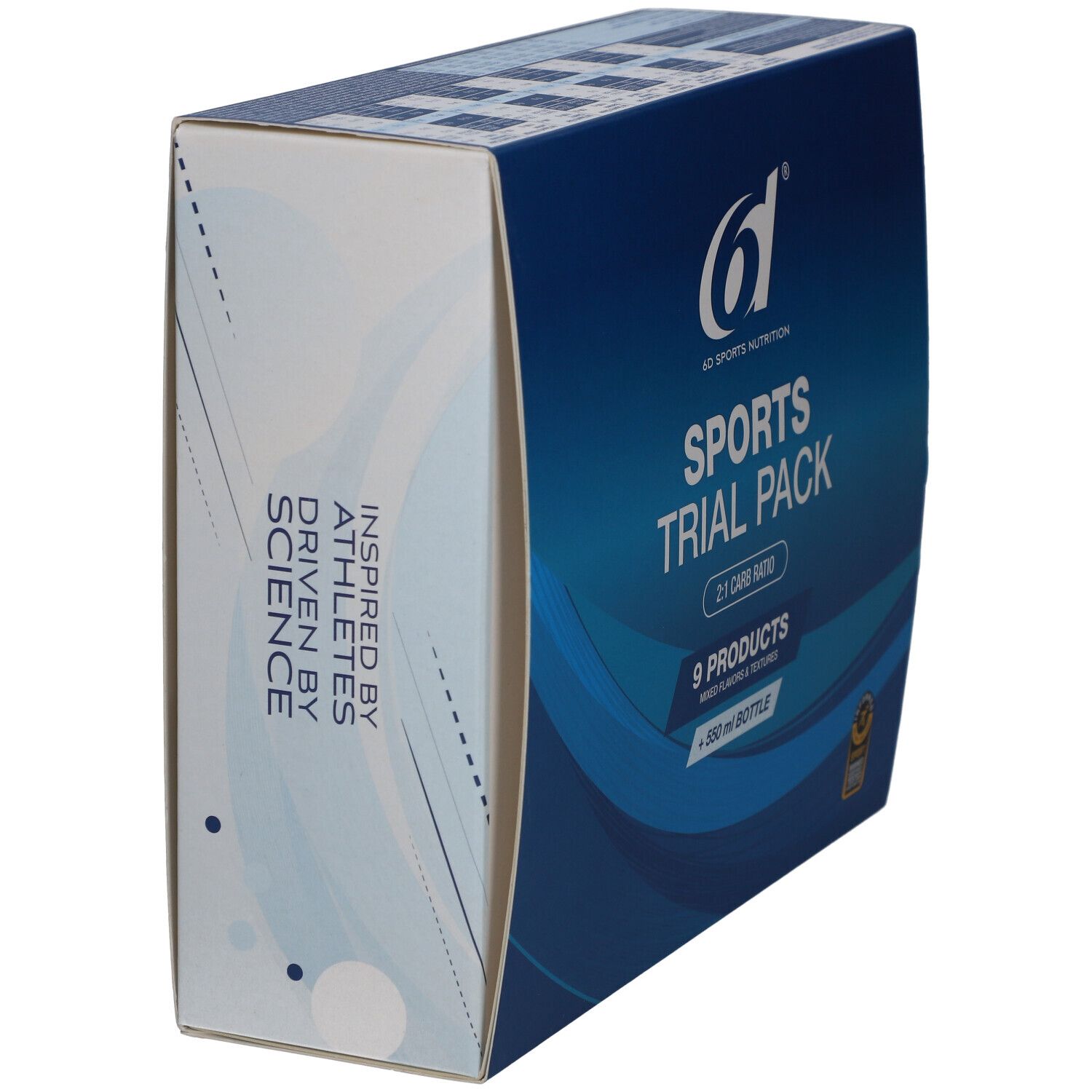 Vue latérale de la boîte 6d Sports Trial Pack. Bleu et blanc avec logo et texte : 'Inspired by Athletes Driven by Science'.
