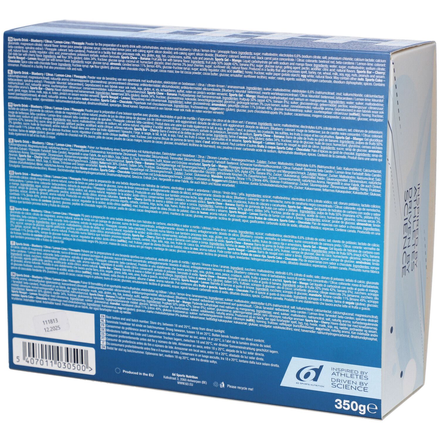Dos de la boîte 6d Sports Trial Pack. Contient du texte en plusieurs langues. Poids : 350g.