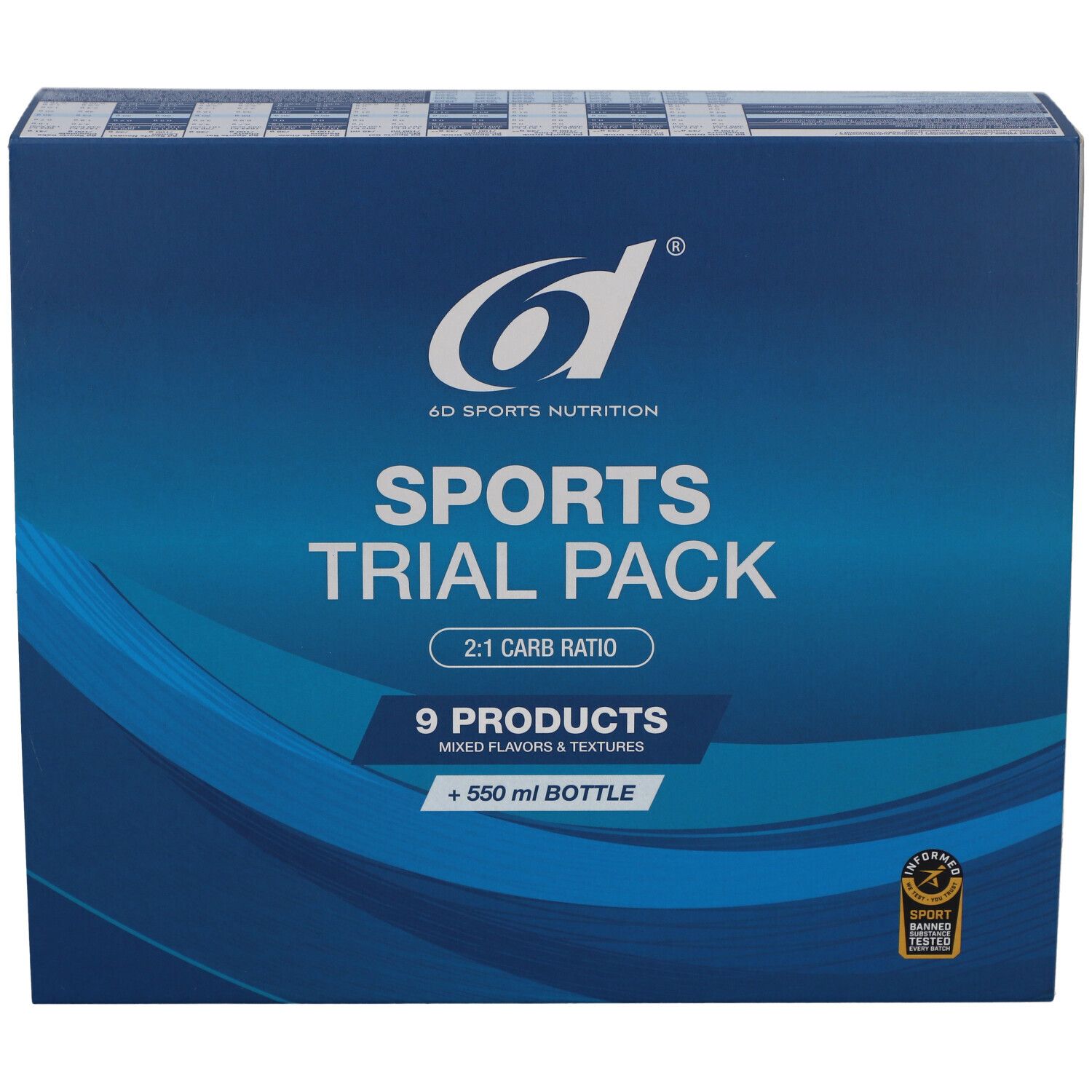 Vue de face de la boîte 6d Sports Trial Pack. Bleu et blanc avec logo, nom du produit et contenu. Contient une bouteille.