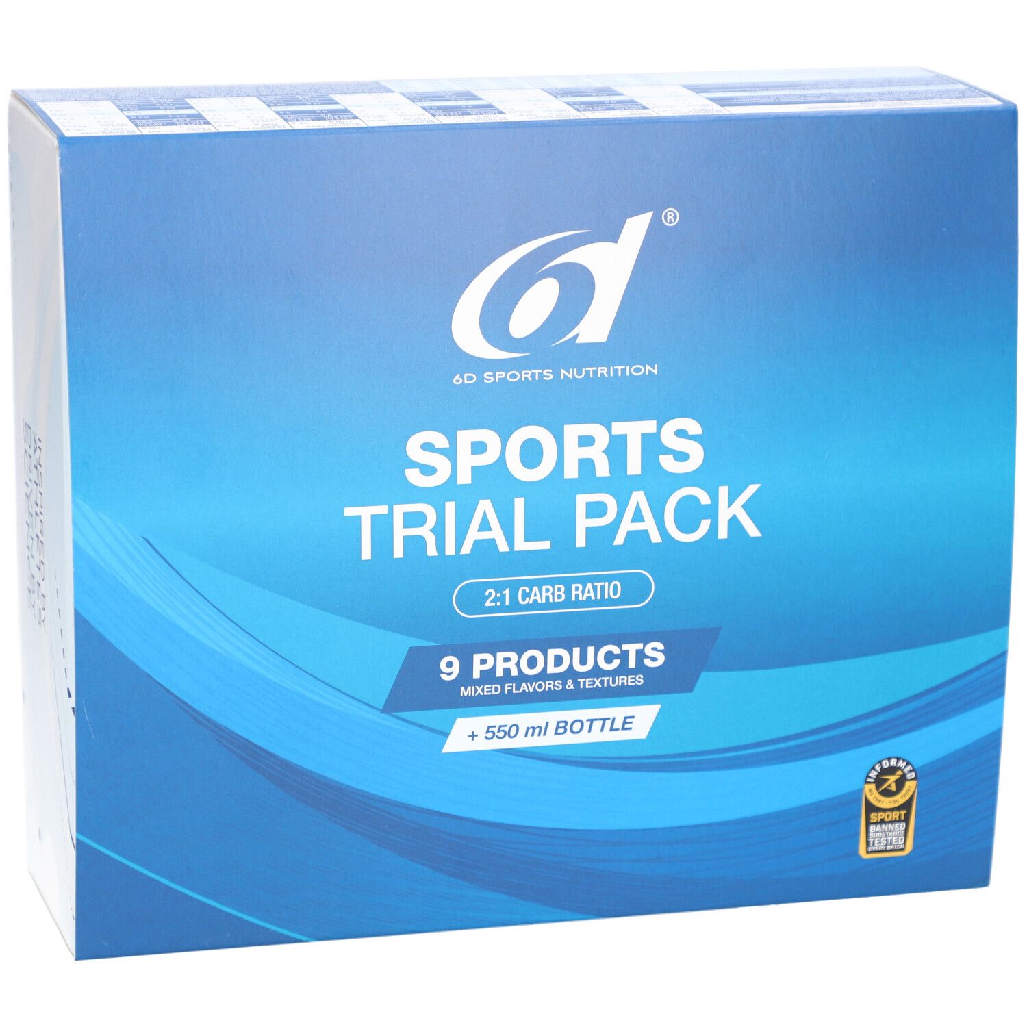 Vue de face de la boîte 6d Sports Trial Pack. Bleu et blanc avec logo, nom du produit et contenu. Contient une bouteille.