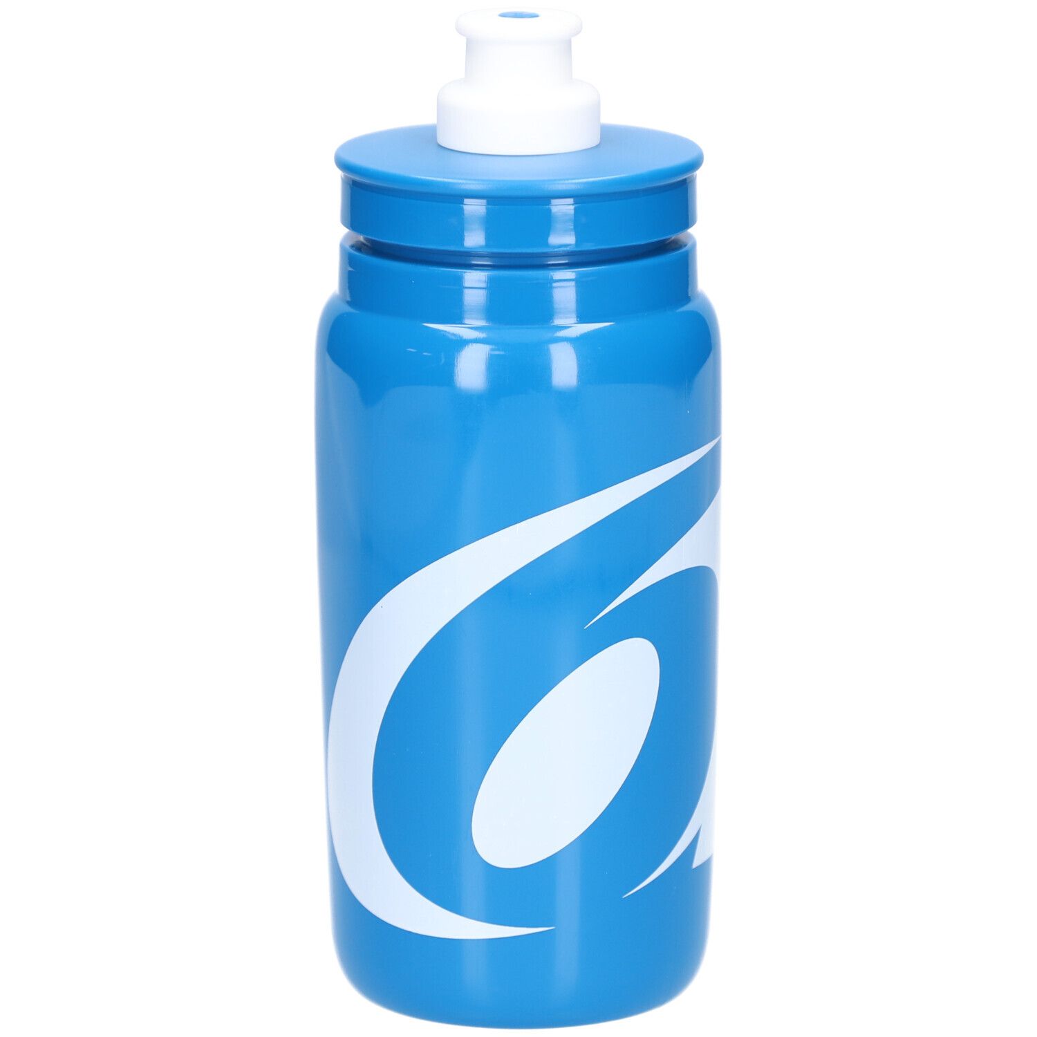 Blauwe drinkfles met wit logo. Witte sluiting bovenop. Cilindrische vorm.