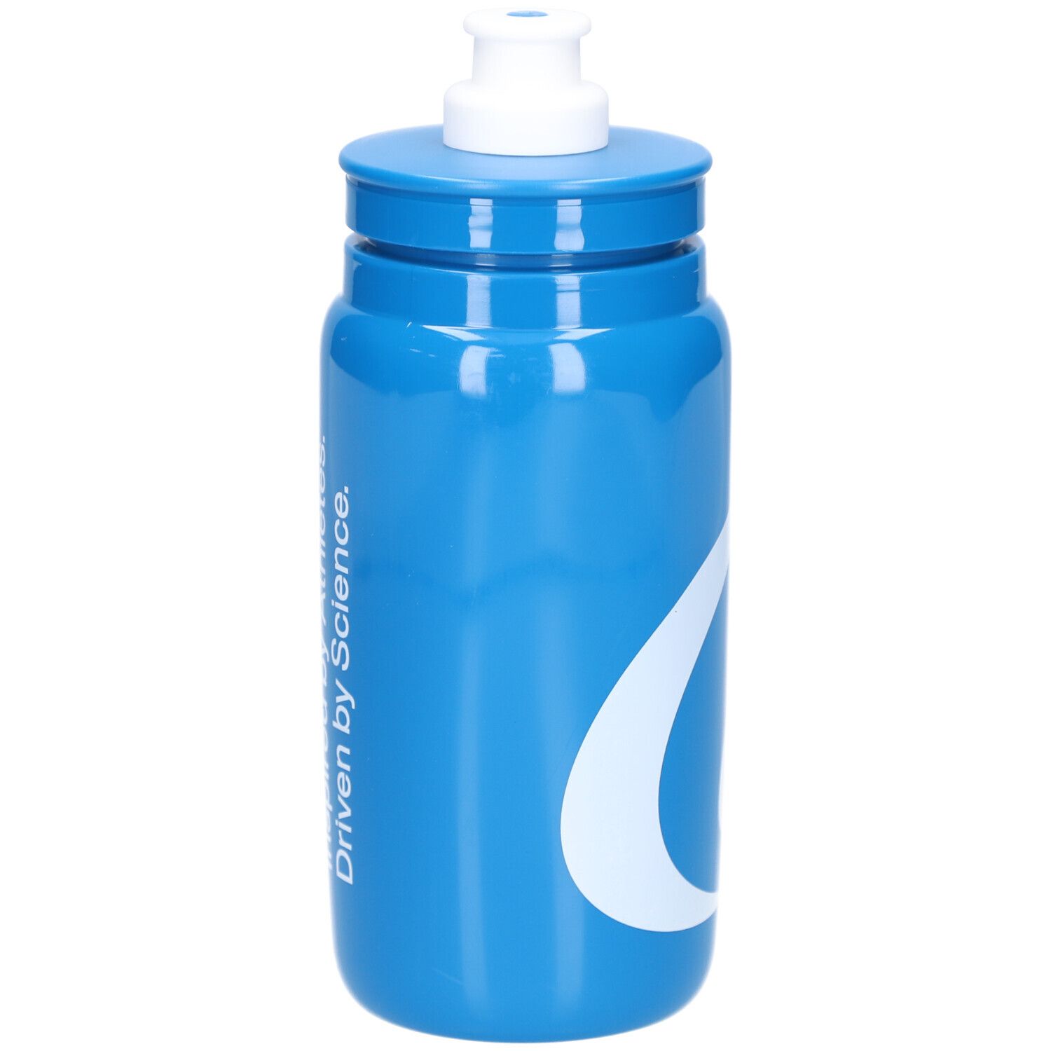 Blauwe drinkfles met wit logo en tekst: Driven by Science. Witte sluiting.