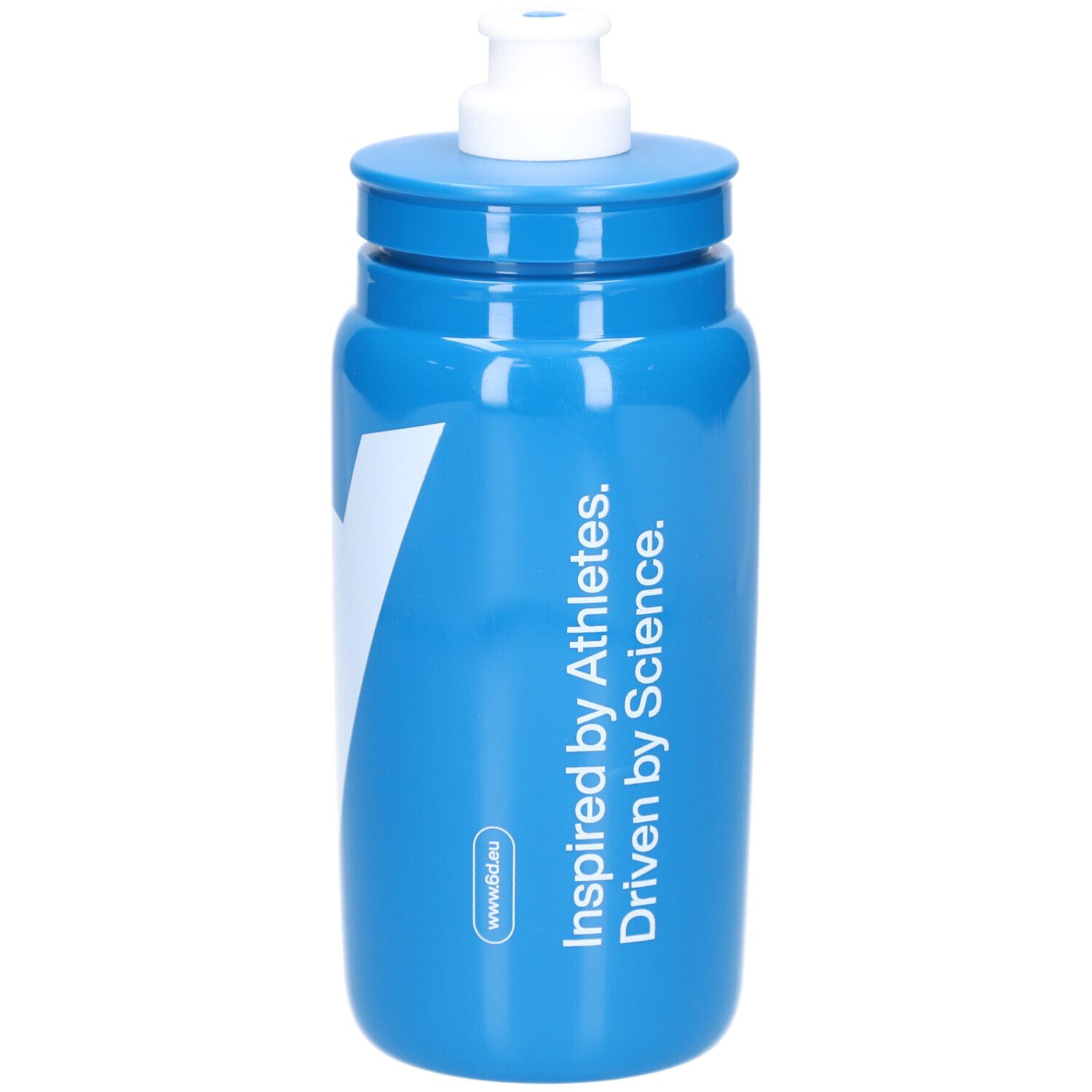 Blauwe drinkfles met wit logo en tekst: Inspired by Athletes. Driven by Science. Witte sluiting.