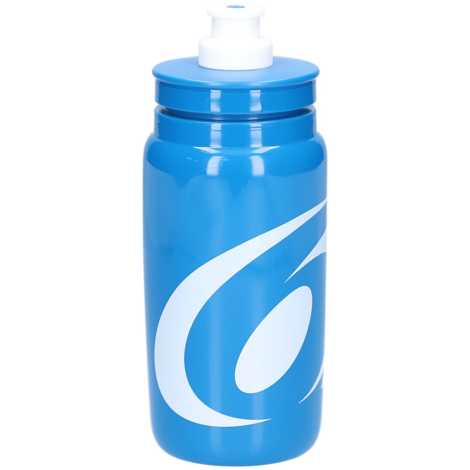 Blauwe drinkfles met wit logo. Witte sluiting bovenop. Cilindrische vorm.
