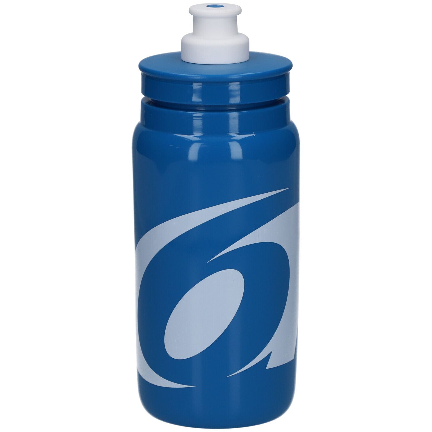 Blauwe drinkfles met wit logo. Witte sluiting bovenop. Cilindrische vorm.