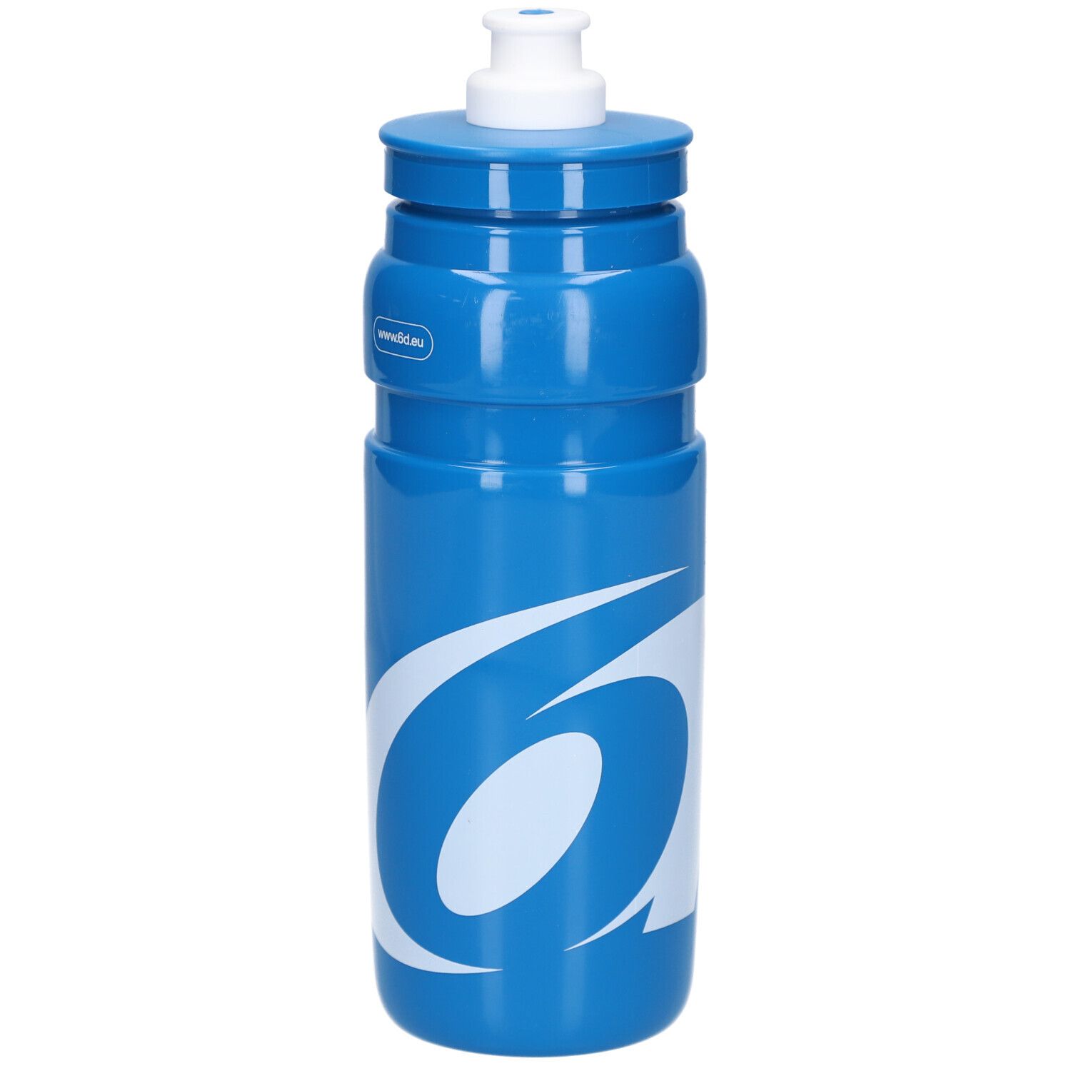Blauwe drinkfles met wit logo. Witte dop bovenaan.