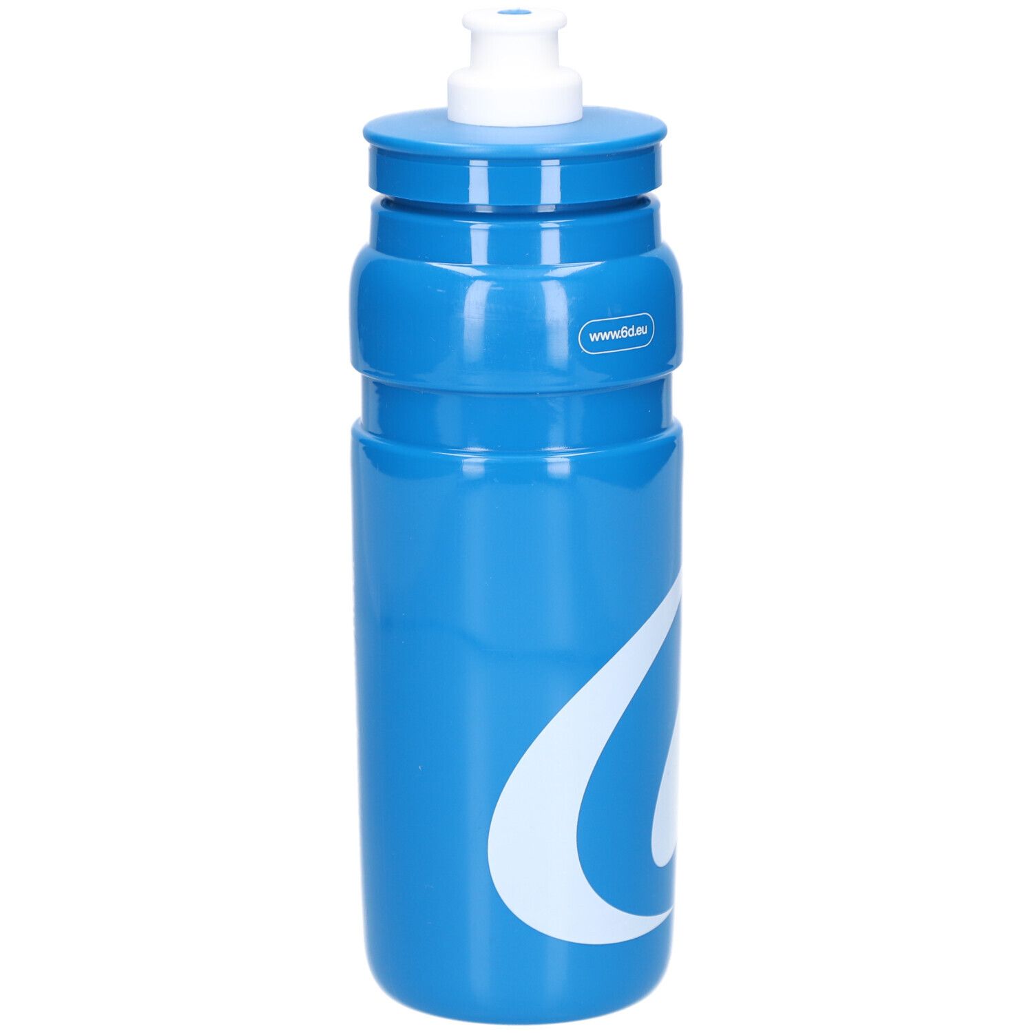 Blauwe drinkfles met wit logo. Witte dop bovenaan.