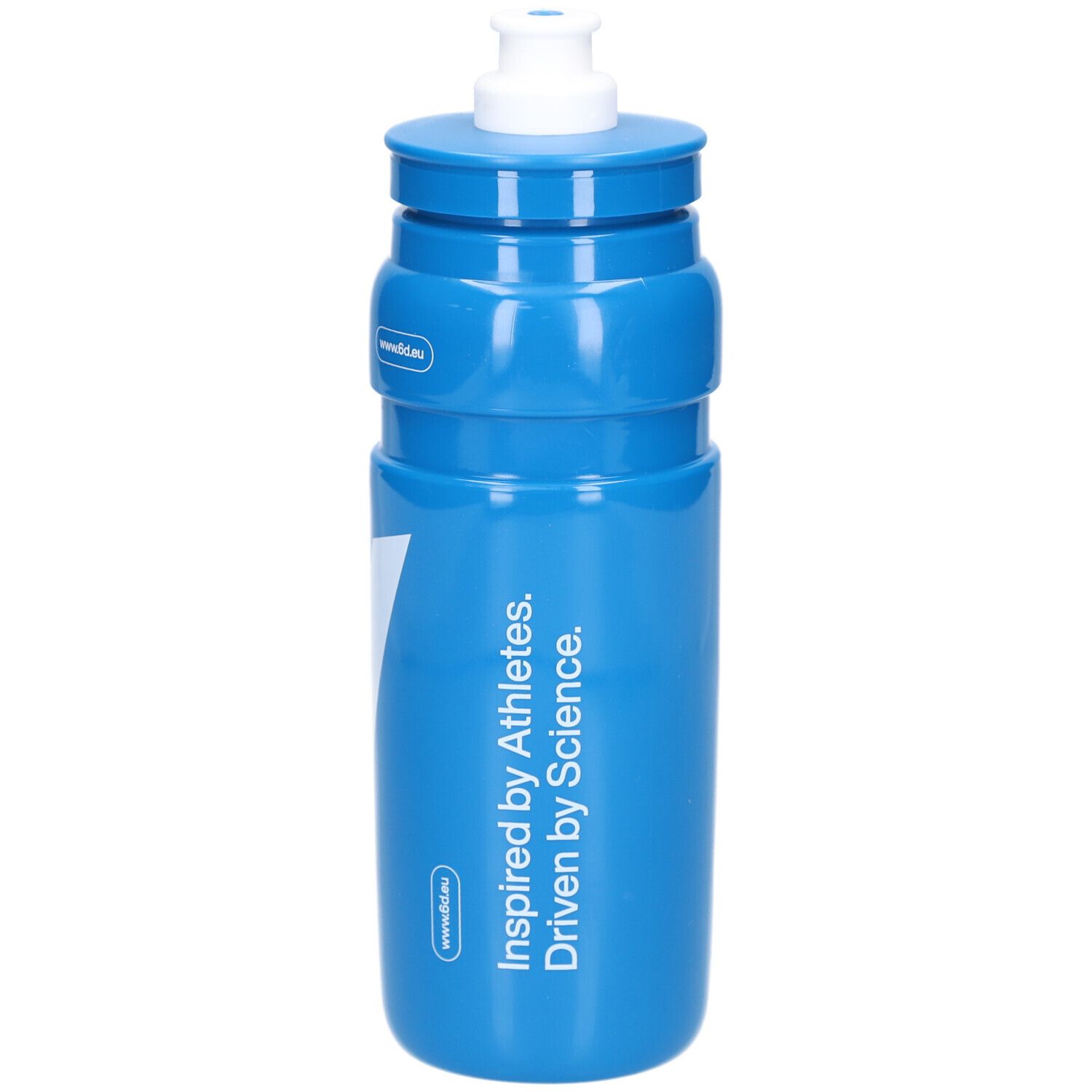 Blauwe drinkfles met tekst: Inspired by Athletes. Driven by Science. Witte dop bovenaan.