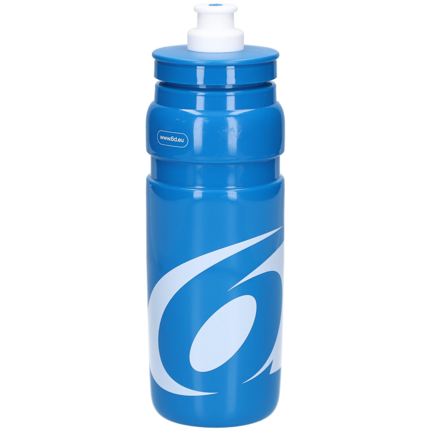 Blauwe drinkfles met wit logo. Witte dop bovenaan.