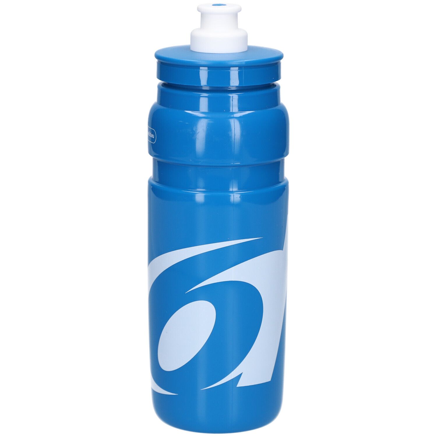 Blauwe drinkfles met wit logo. Witte dop bovenaan.