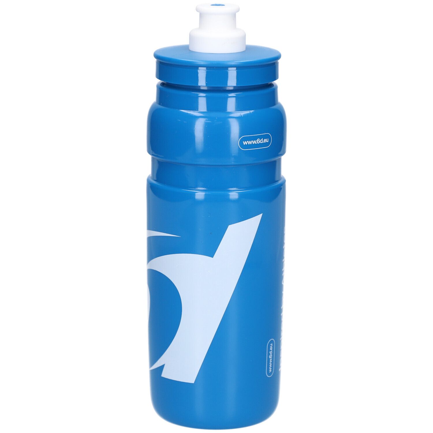 Blauwe drinkfles met wit logo. Witte dop bovenaan.