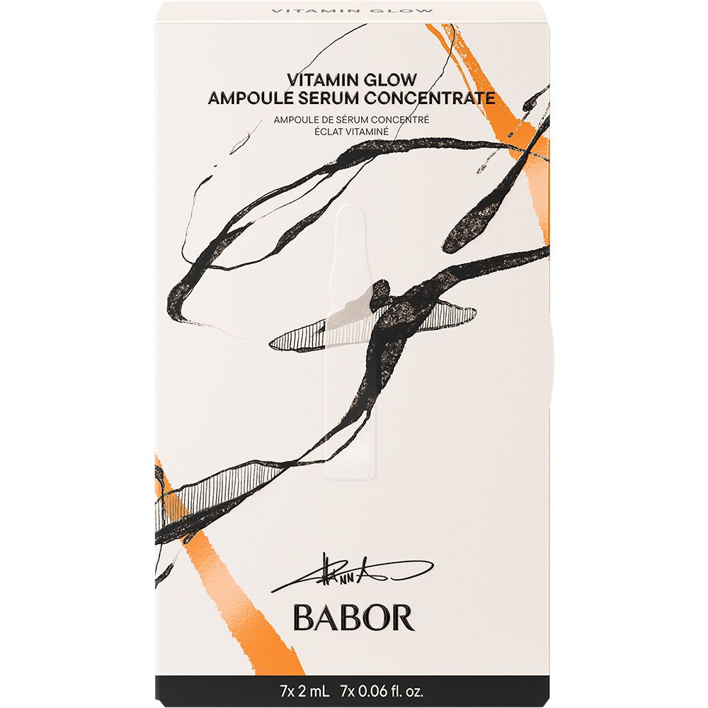 Doosje Babor Vitamin Glow Ampoule Serum Concentrate. Wit, met oranje en zwarte decoratieve elementen. Merk Babor.