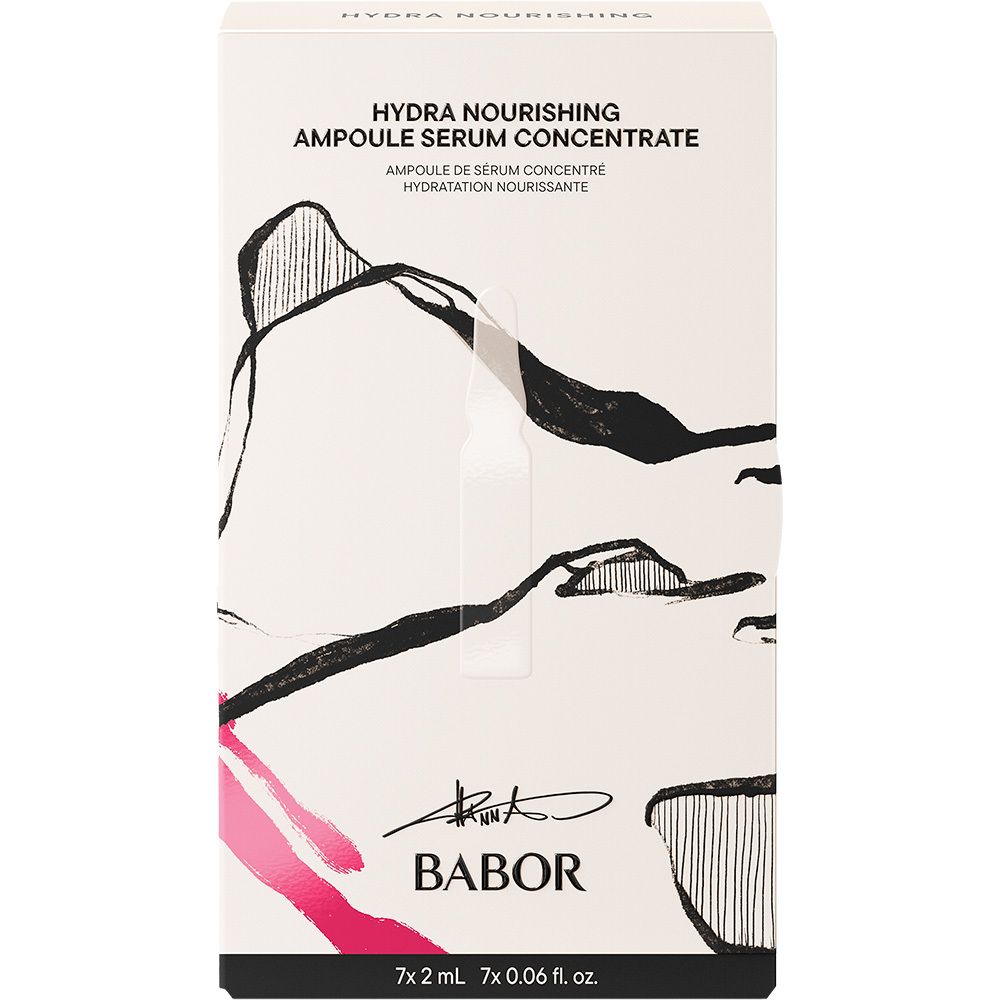 Boîte blanche avec ampoule. Inscription "Hydra Nourishing Ampoule Serum Concentrate". Marque BABOR. Ampoule visible.