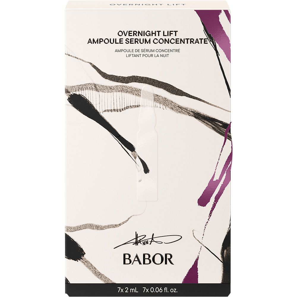 Doosje Babor Overnight Lift Ampoule. Tekst: Overnight Lift Ampoule Serum Concentrate. Merk Babor. 7x2ml. Een ampul zichtbaar.