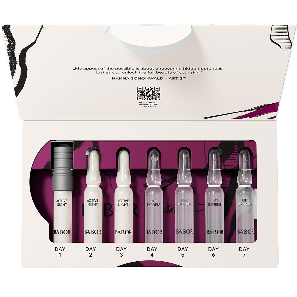 Open Babor Overnight Lift Ampoule verpakking. 7 ampullen zichtbaar. Tekst: Active Night, Lift Express. Merk Babor.