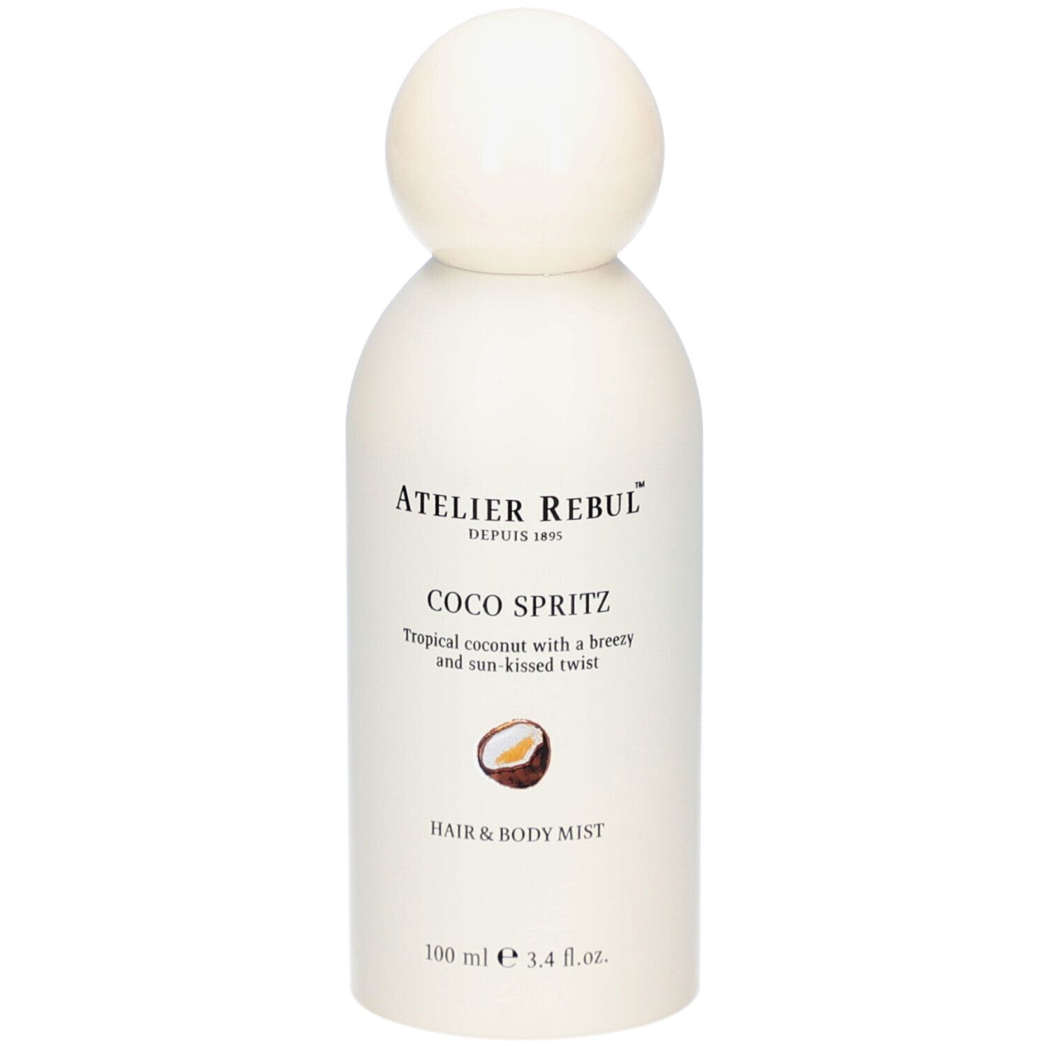 Witte fles met bolvormige dop. Opschrift: Atelier Rebul, Coco Spritz, Hair & Body Mist. Kokosnoot-illustratie.