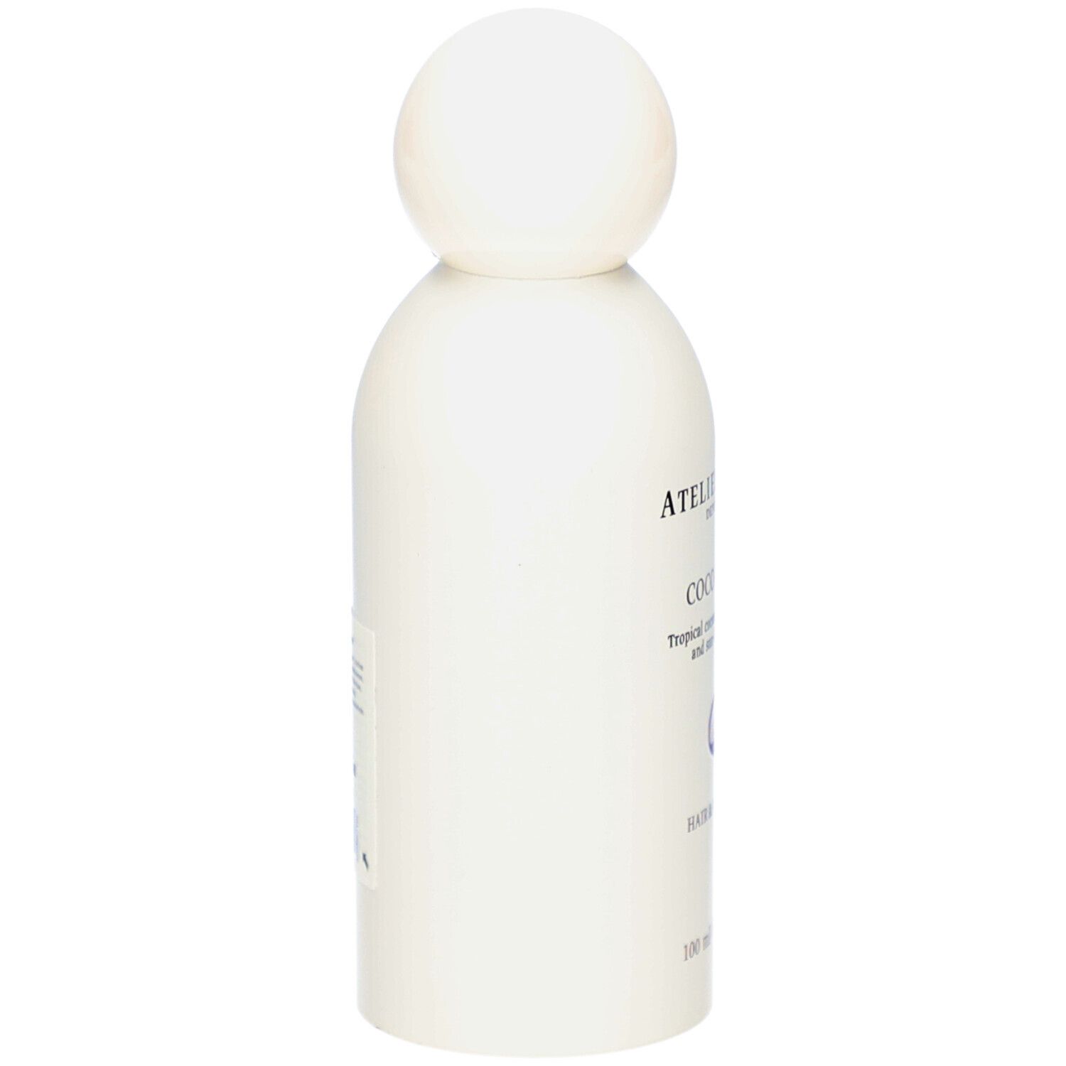 Witte fles met bolvormige dop, zijaanzicht. Opschrift gedeeltelijk zichtbaar.