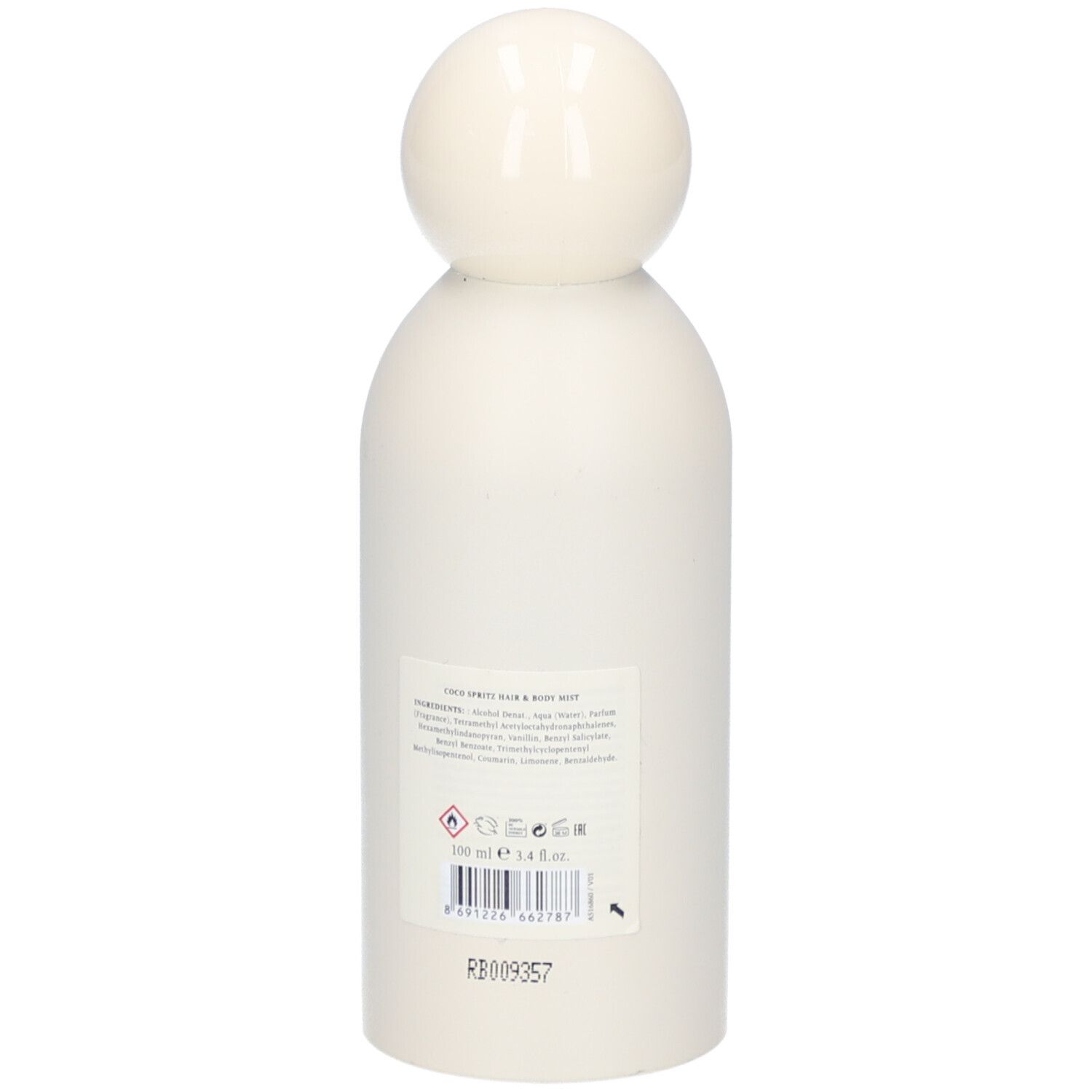 Witte fles met bolvormige dop. Achterkant met ingrediënten en pictogrammen.