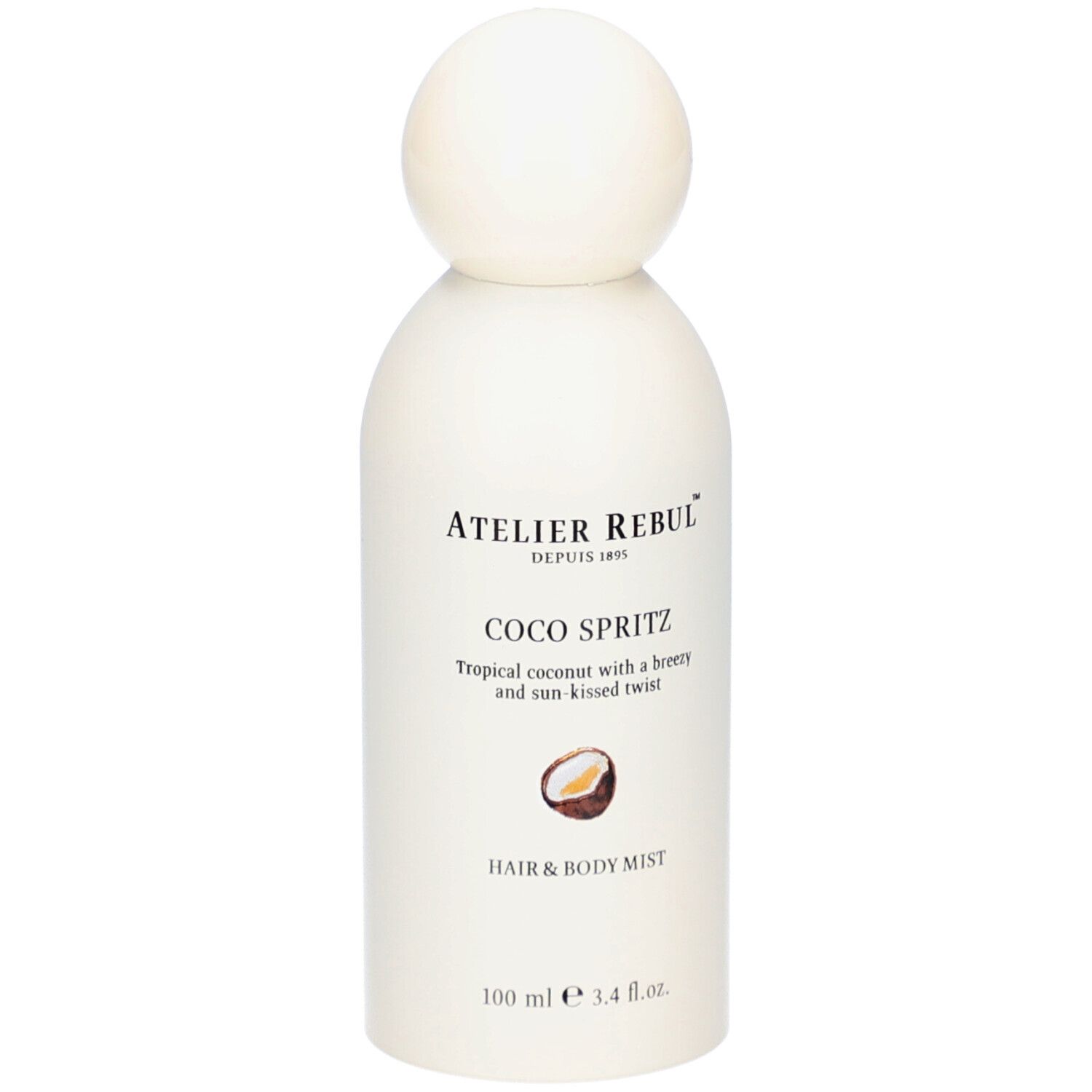 Witte fles met bolvormige dop. Opschrift: Atelier Rebul, Coco Spritz, Hair & Body Mist. Kokosnoot-illustratie.