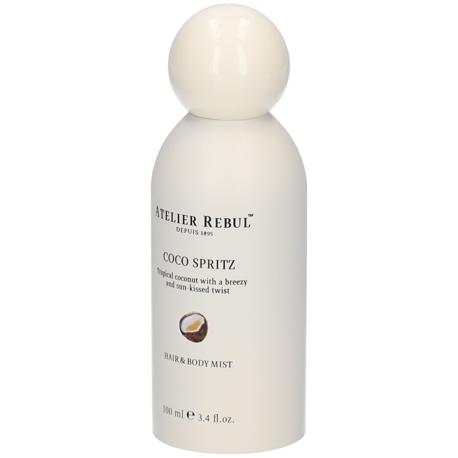 Witte fles met bolvormige dop. Opschrift: Atelier Rebul, Coco Spritz, Hair & Body Mist. Kokosnoot-illustratie.