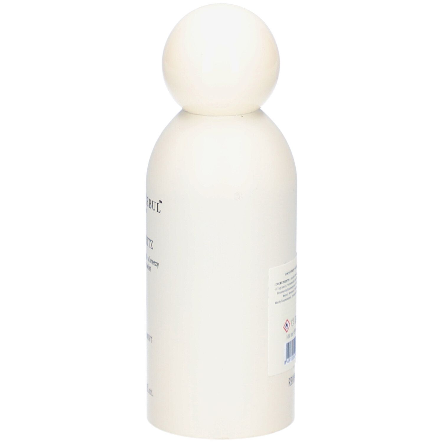 Witte fles met bolvormige dop, zijaanzicht. Opschrift gedeeltelijk zichtbaar.