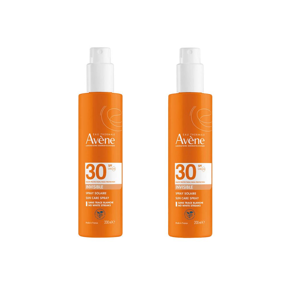 Deux flacons spray orange. Inscription: Avène, SPF 30, Invisible Spray Solaire. Têtes de pulvérisation blanches.