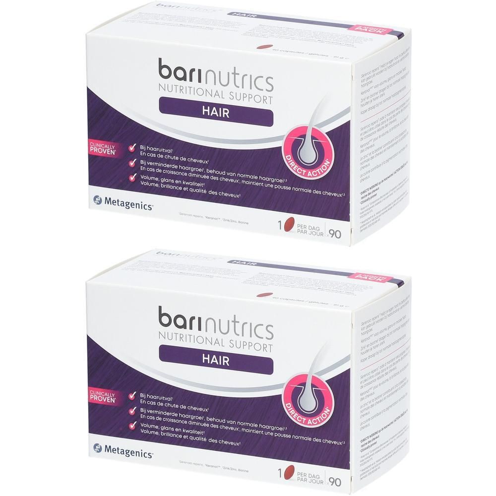 Twee dozen Barinutrics Hair. Witte verpakking met paarse accenten en tekst. Bevat informatie over ingrediënten en werking.
