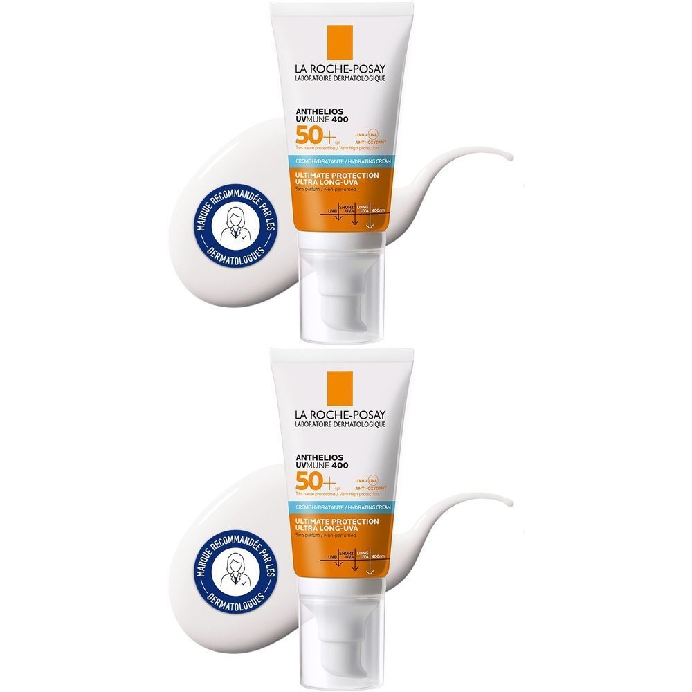 Deux tubes La Roche-Posay Anthelios UVmune 400 SPF50+ avec emballage blanc et accent orange. Testé dermatologiquement.