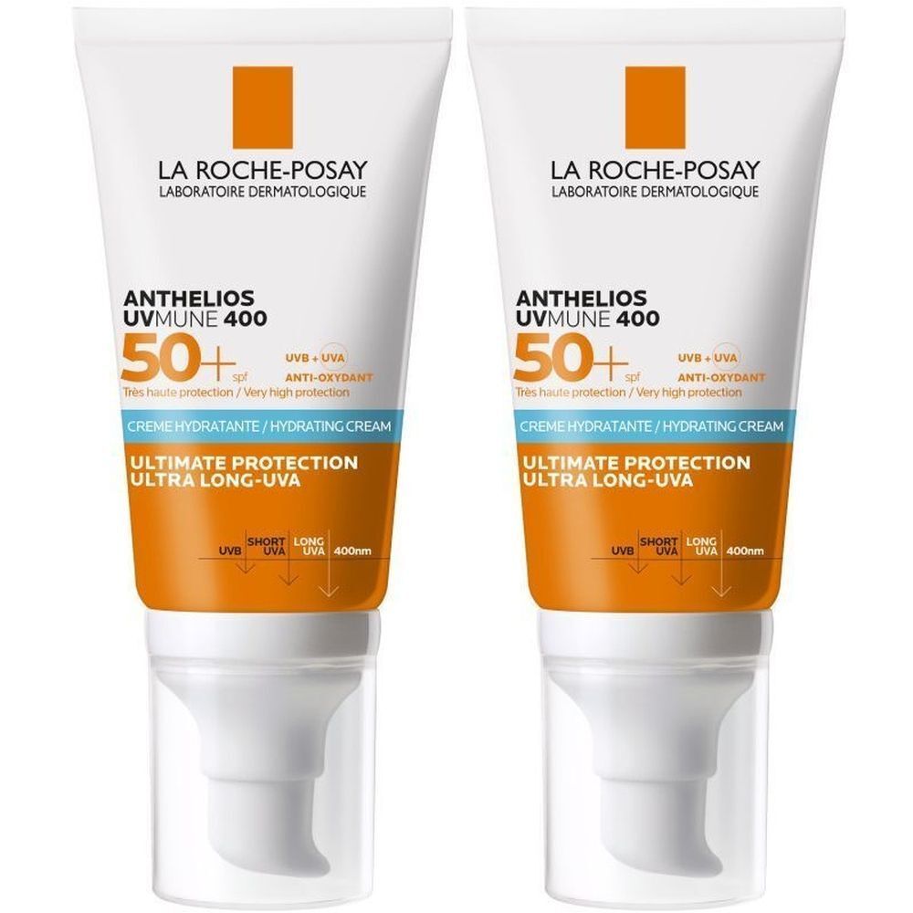 Twee tubes La Roche-Posay Anthelios UVmune 400 SPF50+ met witte verpakking en oranje accent. Zichtbare productinformatie.