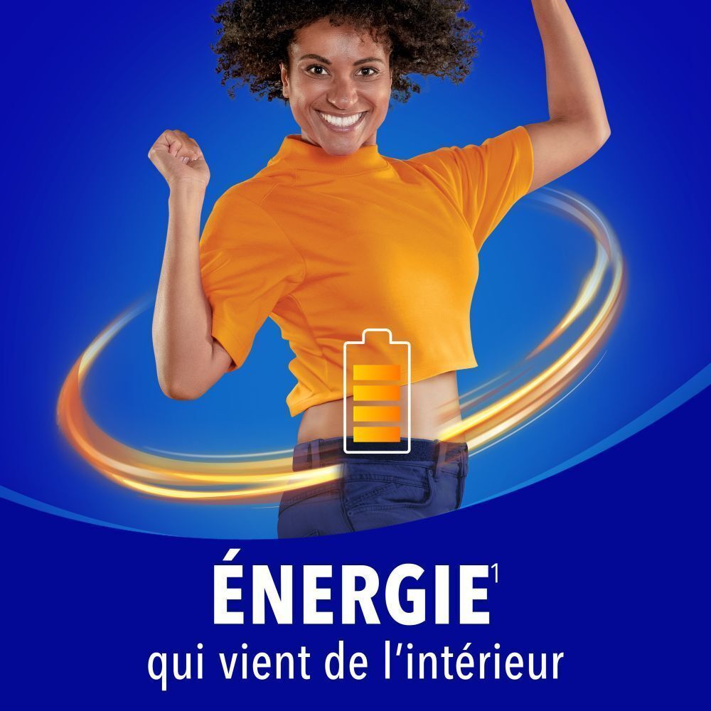 Femme en haut orange. Texte : Énergie qui vient de l'intérieur.