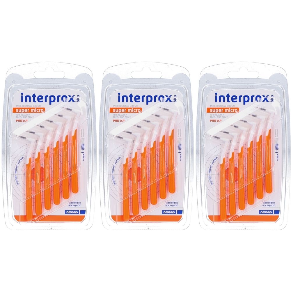 Drie blisters met oranje tandenstokers. Elke verpakking bevat meerdere borstels met een witte borstelkop.