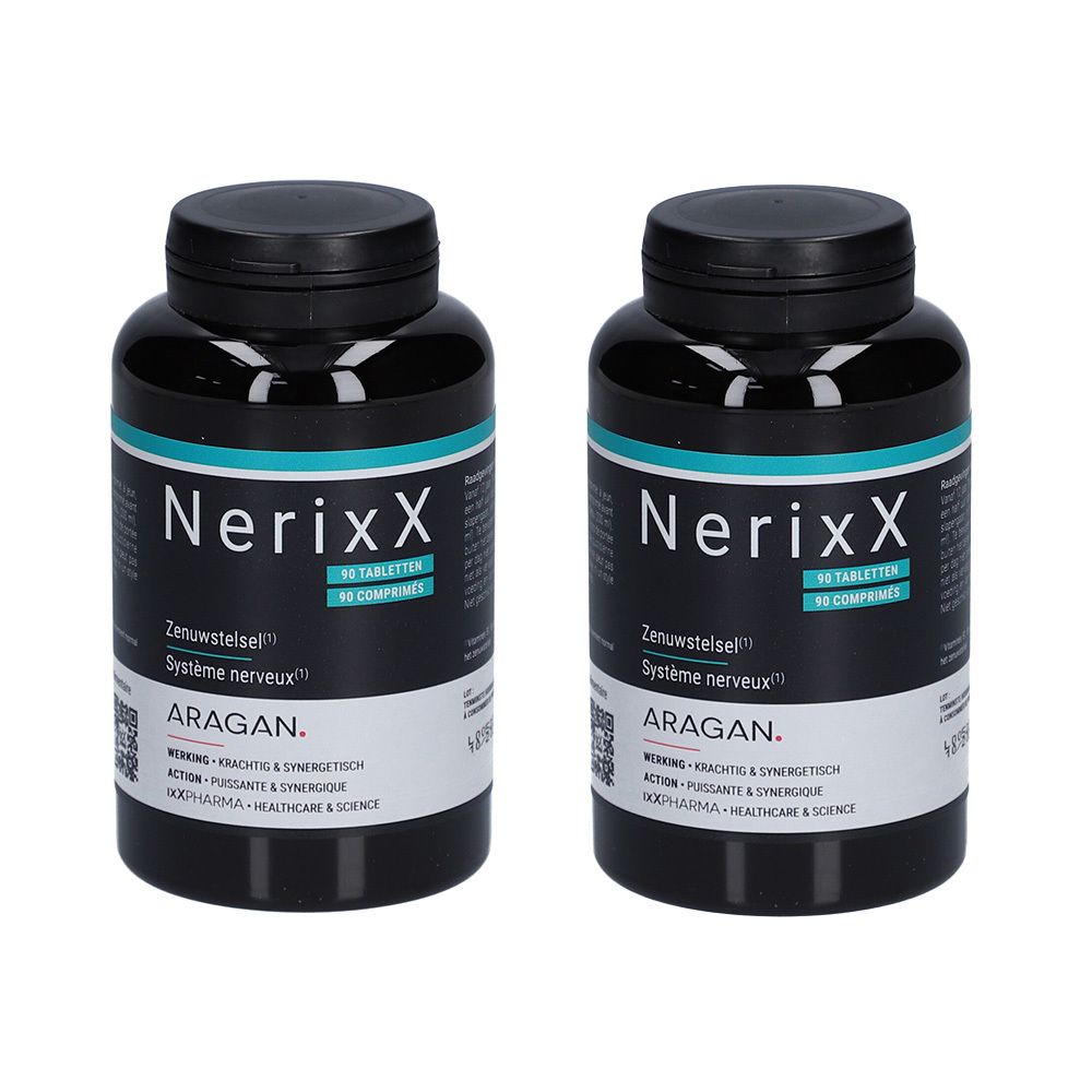 Twee zwarte flessen NerixX met witte tekst. Opschrift: 90 tabletten, Zenuwstelsel, Système nerveux. Merk: ARAGAN.