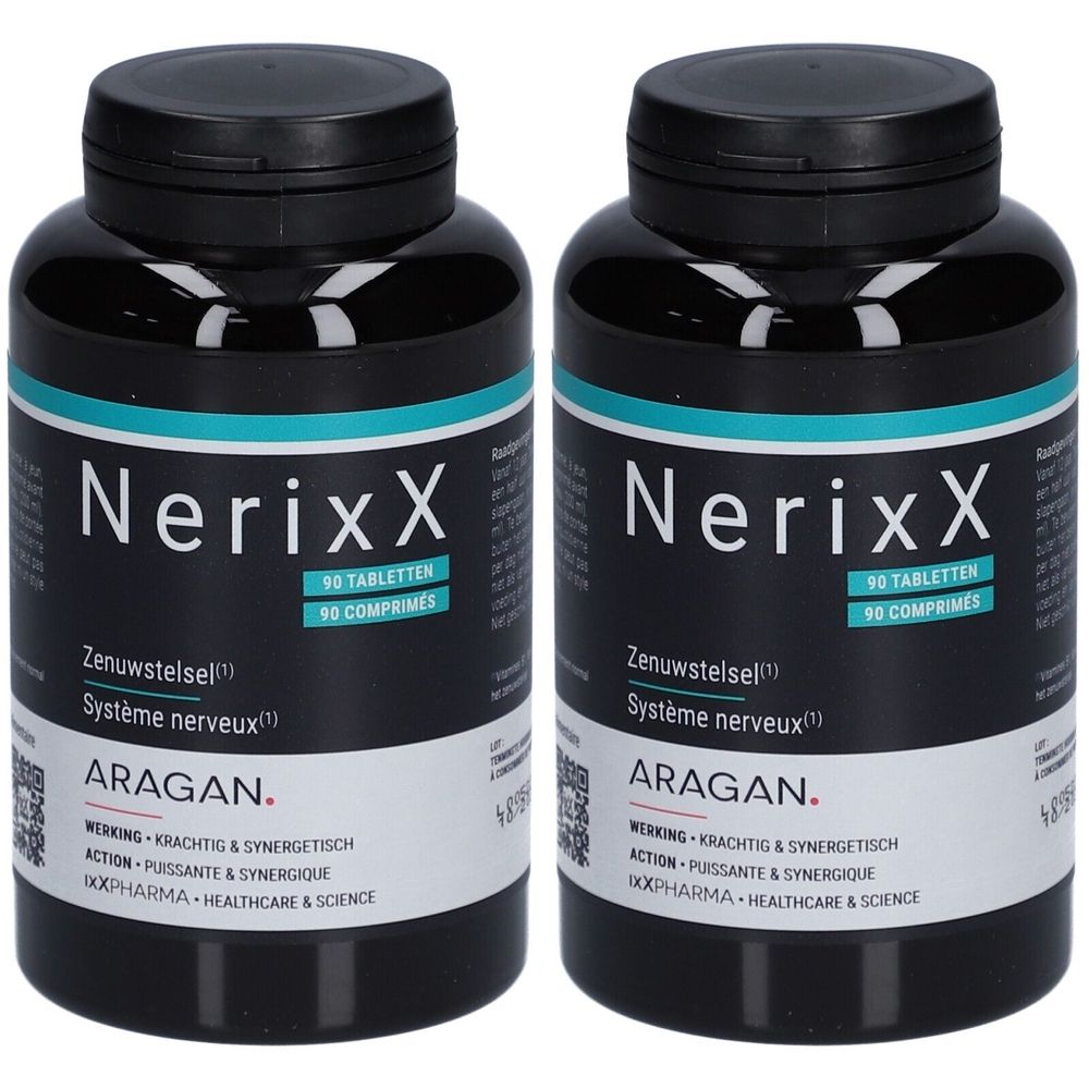 Twee zwarte flessen NerixX met witte tekst. Opschrift: 90 tabletten, Zenuwstelsel, Système nerveux. Merk: ARAGAN.