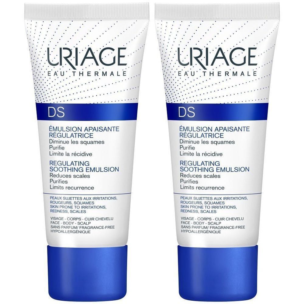 Twee tubes Uriage DS Emulsie. Witte tubes met blauwe accenten en tekst. Bevat informatie over huidverzorging.