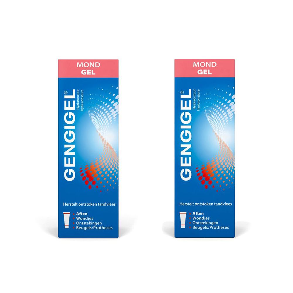 Twee verpakkingen Gengigel Mond Gel. Blauw-witte verpakking met rode bovenkant. Tekst: Gengigel, Mond Gel, Hyaluronzuur.