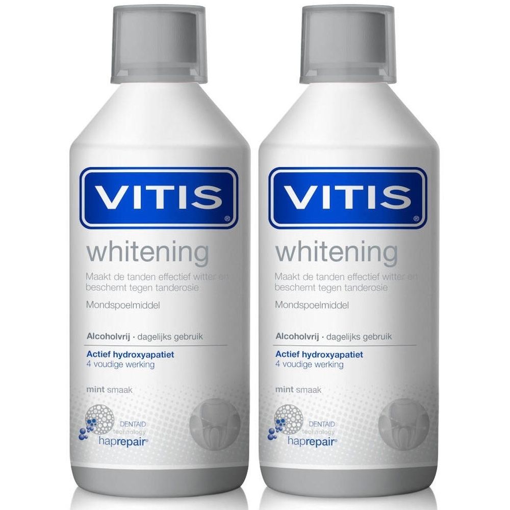 Twee flessen VITIS whitening mondspoeling. Witte flessen met blauw etiket. Grijze dop.