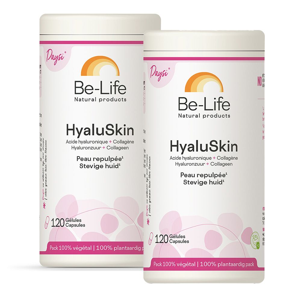 Twee witte potten met roze etiketten. Opschrift: Be-Life HyaluSkin, 120 capsules. Logo: zon en regenboog.