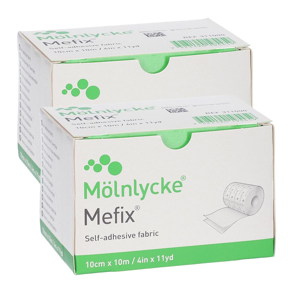 Twee dozen Mefix, zelfklevende stof. Opschrift: Mölnlycke, Mefix, 10 cm x 10 m. Groene accenten.