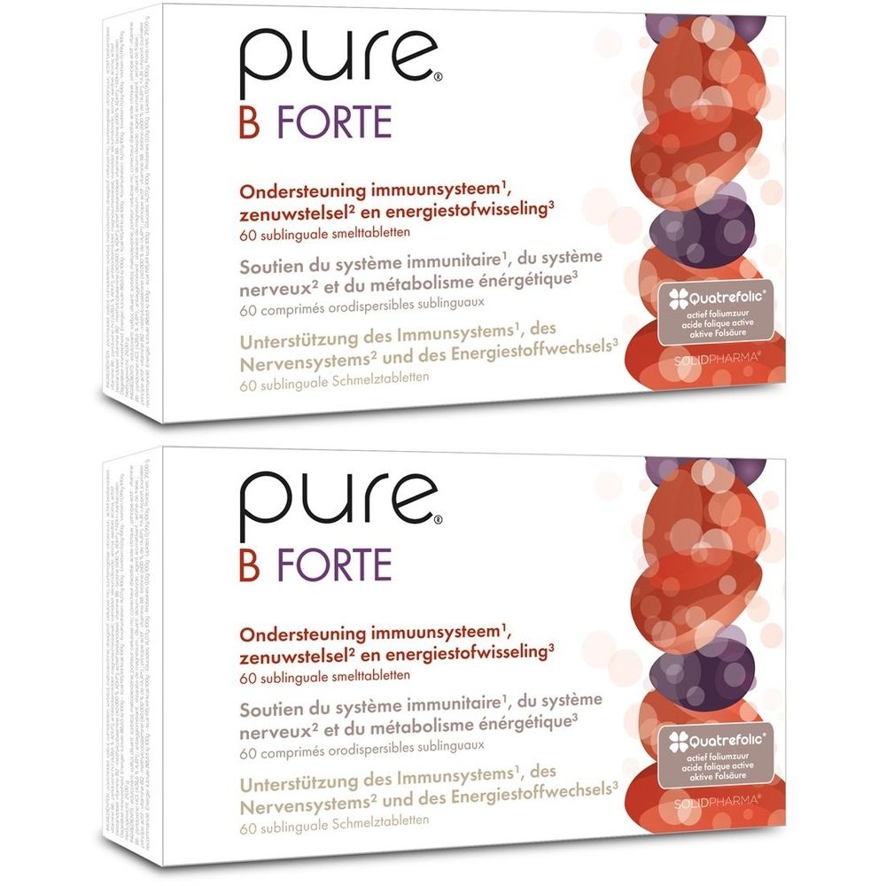 Twee dozen pure® B Forte. Witte verpakking met productnaam en informatie. Illustratie van rode en paarse vormen.