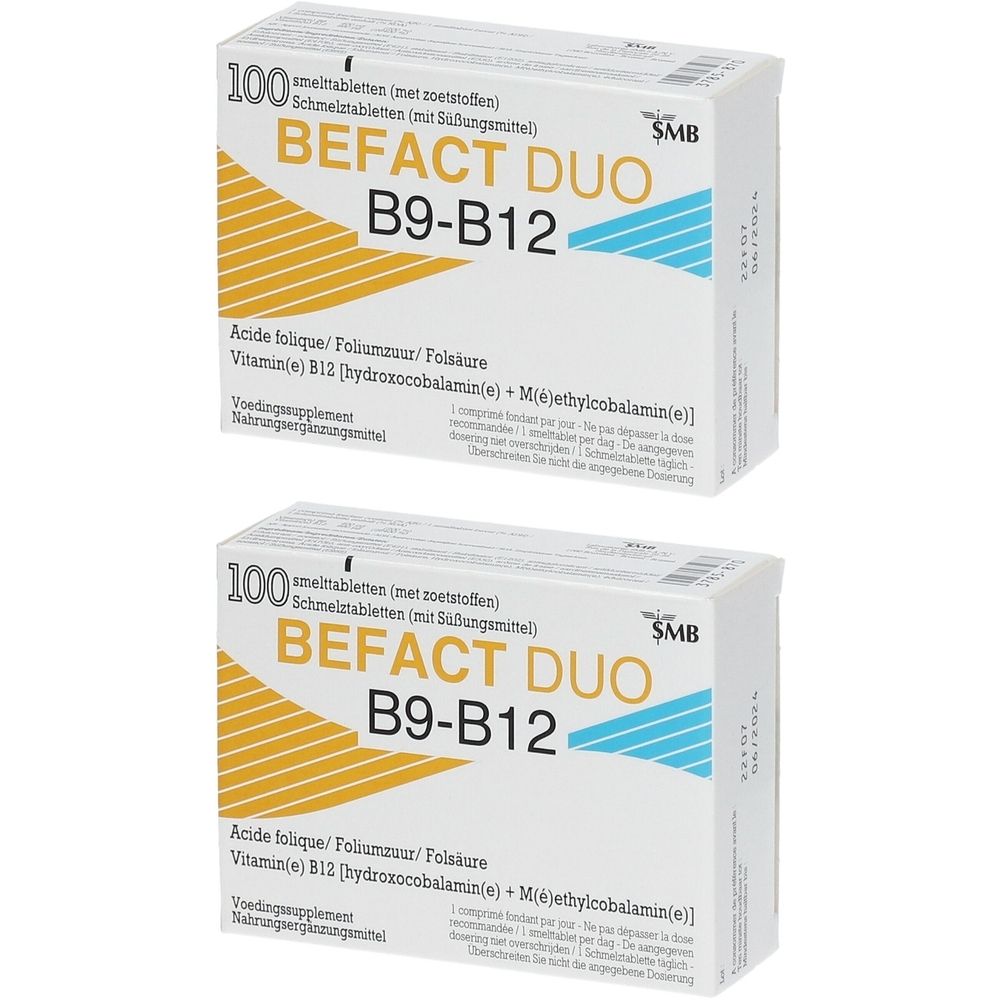 Twee dozen BEFACT DUO B9-B12. Opschrift: 100 smelttabletten. Geel-witte verpakking met productnaam en ingrediënten.