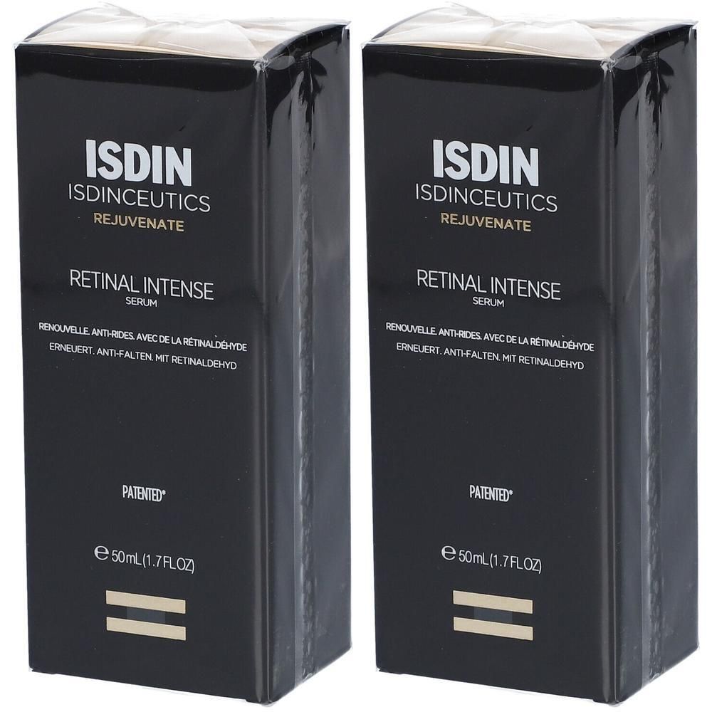 Twee zwarte productverpakkingen. Opschrift: ISDIN Isdinceutics Rejuvenate Retinal Intense Serum. Tekst in het Frans en Duits.