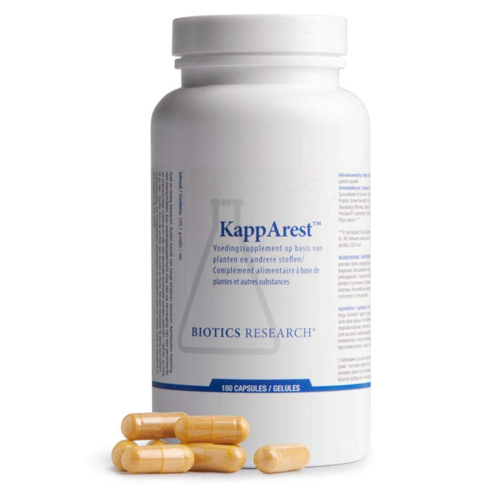 Un flacon blanc KappArest de Biotics Research et quelques gélules jaunes. Inscription: 100 capsules. Complément alimentaire.