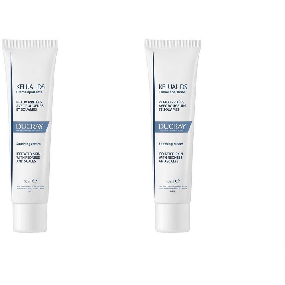 Twee witte tubes met blauwe tekst. Opschrift: KELUAL DS, Ducray. Verzachtende crème voor geïrriteerde huid met roodheid en schilfers.