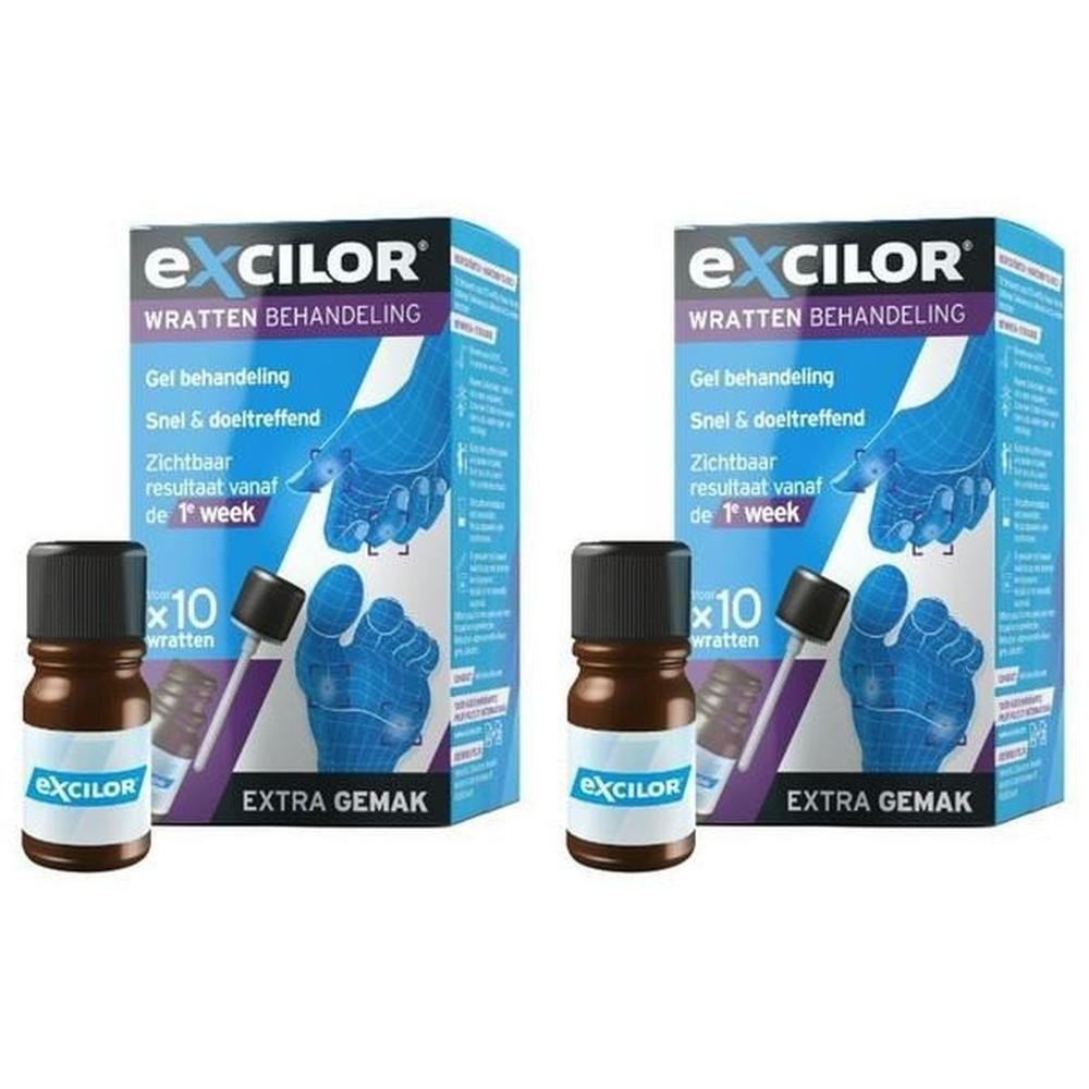 Twee verpakkingen Excilor wrattenbehandeling met elk een klein flesje en applicator.