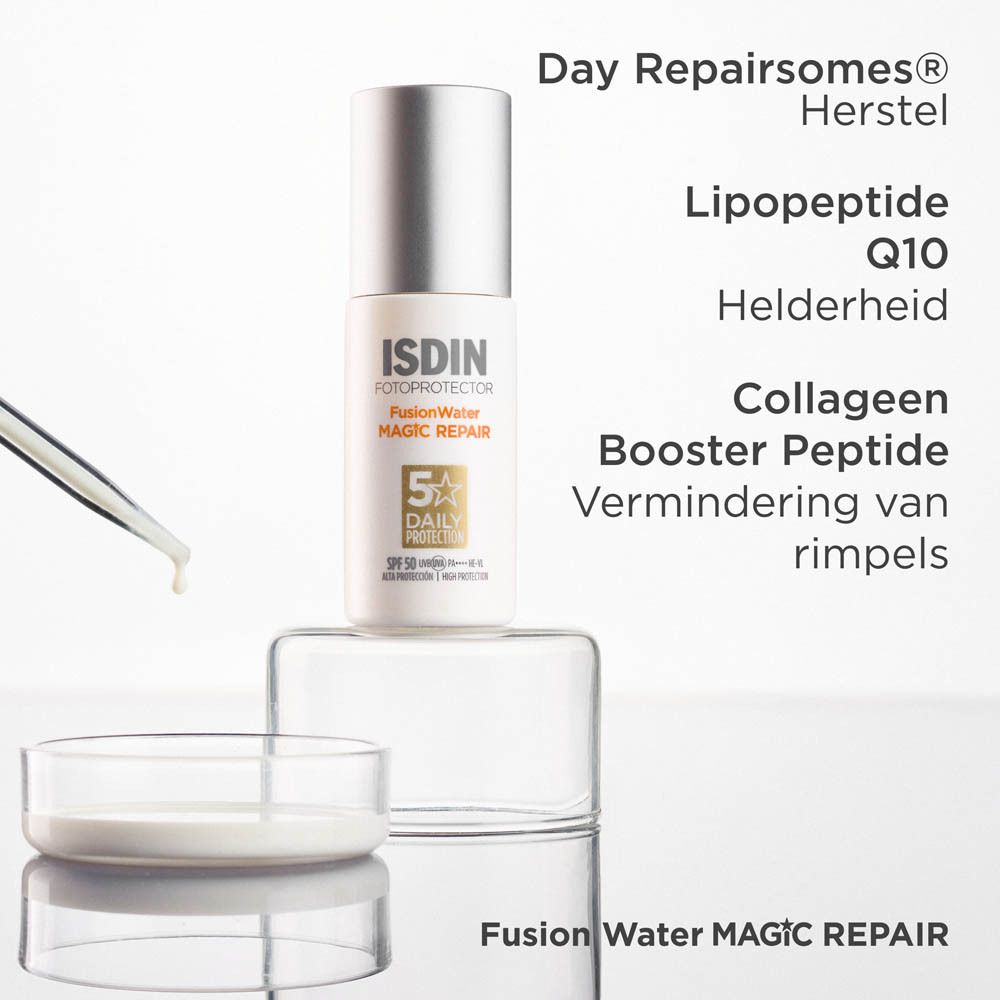 Fles met tekst. Tekst: Day Repairsomes Herstel, Lipopeptide Q10 Helderheid, Collageen Booster Peptide Vermindering van rimpels.