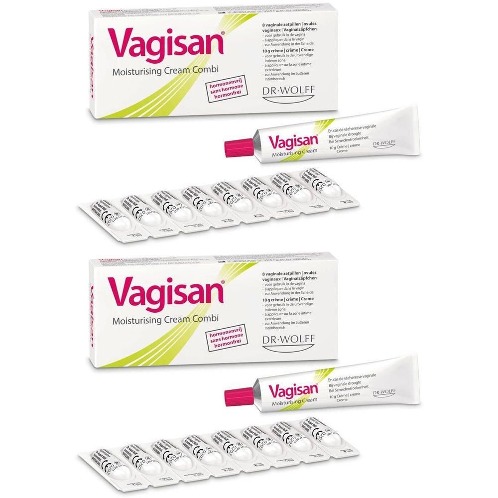 Twee verpakkingen met crème en ovules. Opschrift: Vagisan. Een tube crème en een blister met ovules liggen ernaast.