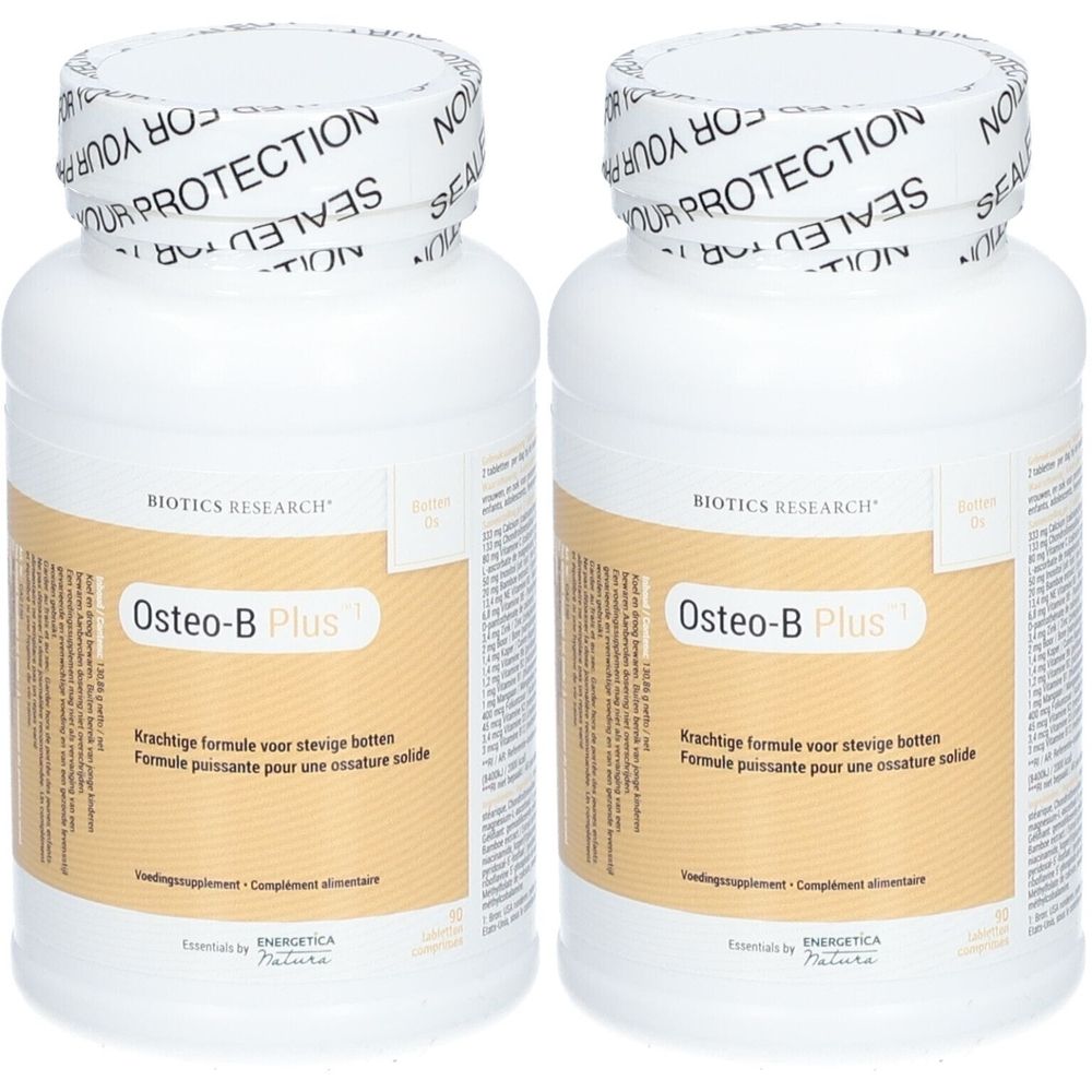Twee witte flessen met etiketten. Opschrift: Osteo-B Plus. Biotics Research. Zegel: Your Protection.